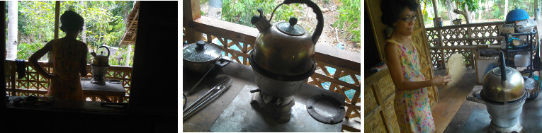 Images of cboiling water with charcoal
        stove on balcony