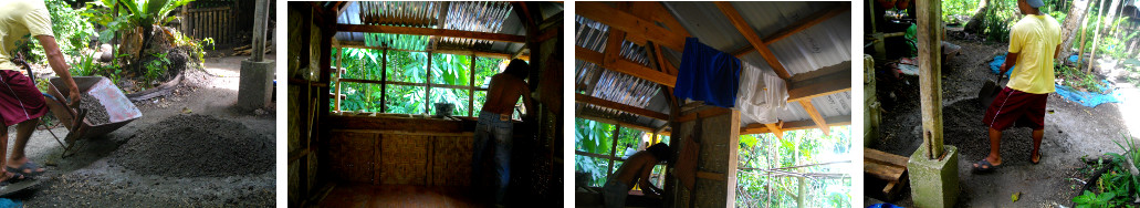 Images of workmen constructing external kitchen in
        tropical backyard