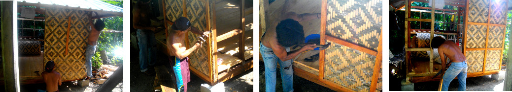 Images of Amakan walls being applied to external kitchen
        in tropical backyard