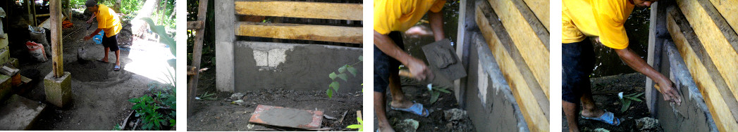 Images of applying cement finishing on tropical pig pen
        wall