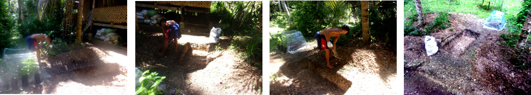 Imagws of man digging a tropical backyard compost pit