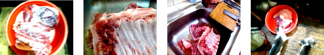 Images of meat from slaughtered pig in
        tropical house kitchen