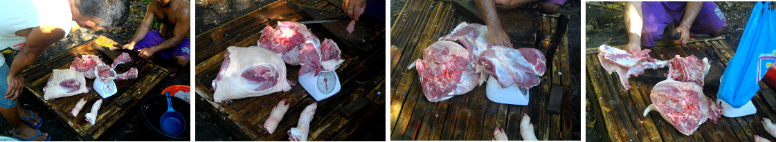 IMages of freshly slaughtered pork being distributed
        among some friends