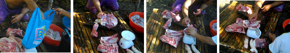 Images of freshly slaughtered pork portions being
        weighed