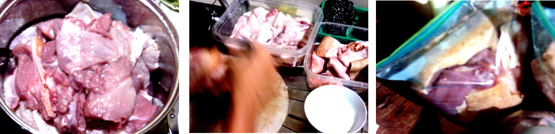 Images of home butchered meat being cut up and packaged