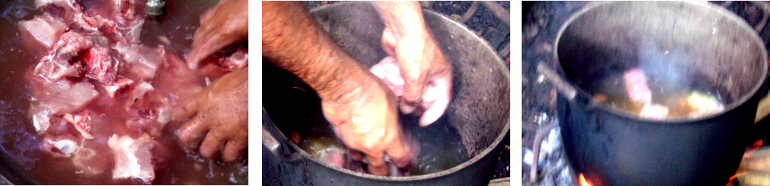 IMages of tropical backyard butchers making a quick pork
        stew