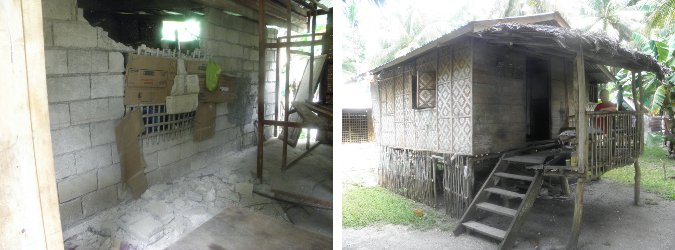 Images of Concrete damage and unharmed wooden
        house