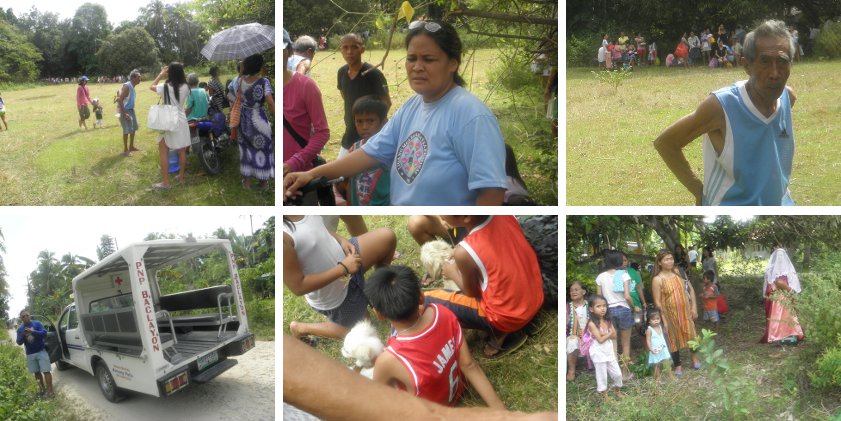 Images of people gathering on higher ground