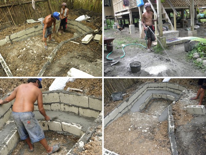 Images of 1st day's work cementing new Duck
        and Fish Pond