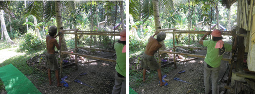 Images of two people building a chicken pen