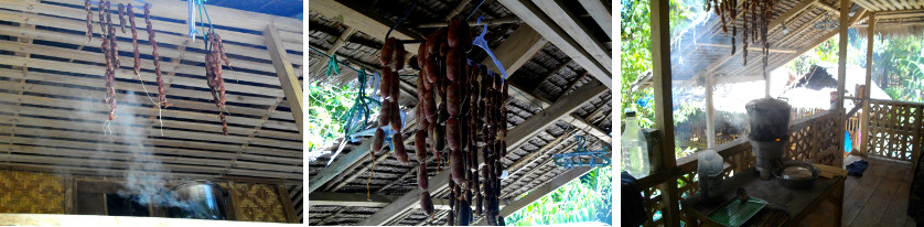 Images of sausages being smoked on tropical balcony