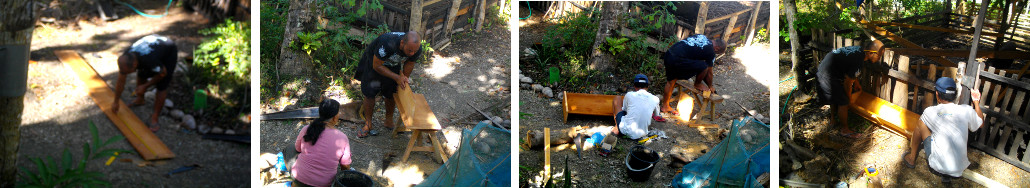 Images of making a wooden trough as part of pig pen