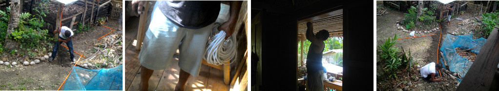 Images of pigpen being wired for
        electric lighting