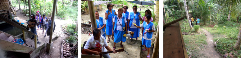 Images of Christmas carolers in
        tropical backyard