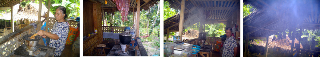 Images of cooking dinnr and smoking sausages on a
        tropical balcony