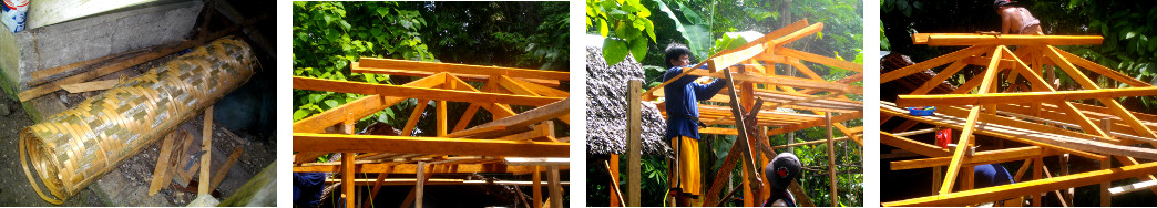 Images of men working on external
        kitchen in tropical garden