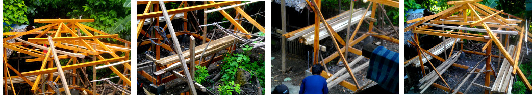 Images of wood being stacked at a tropical backyard
        building site