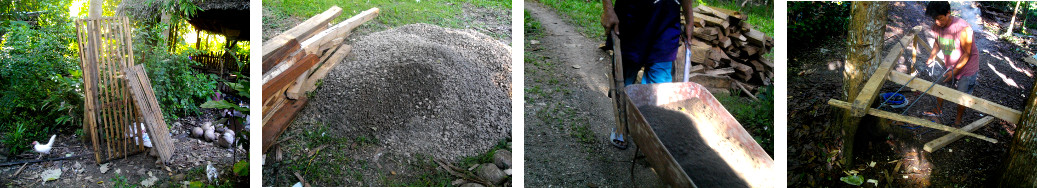 Images of men working on foundation for external kitchen
        in tropical backyard