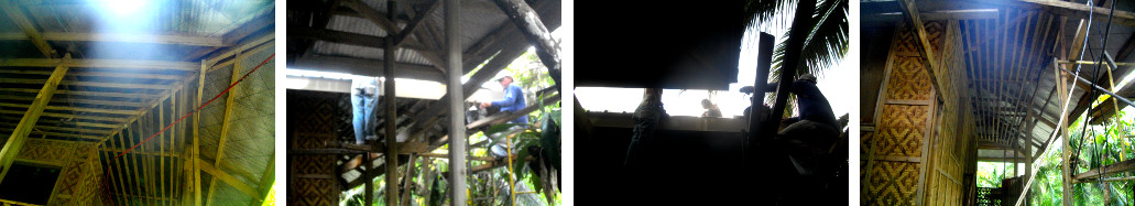 Images of men working on tropical house roof