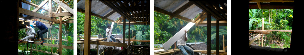 Images of men replacing tropical house roof