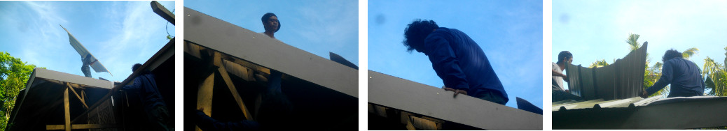 Images of men working on tropical house roof