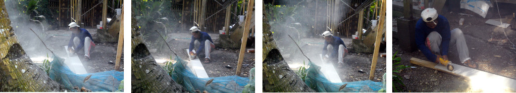 Images of men working on tropical house roof