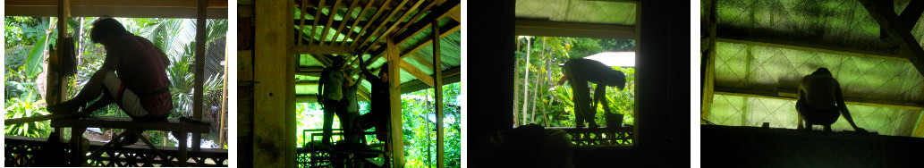 Images of workmen rebuilding roof of tropical house