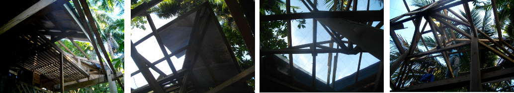 Images of men working on tropical house roof