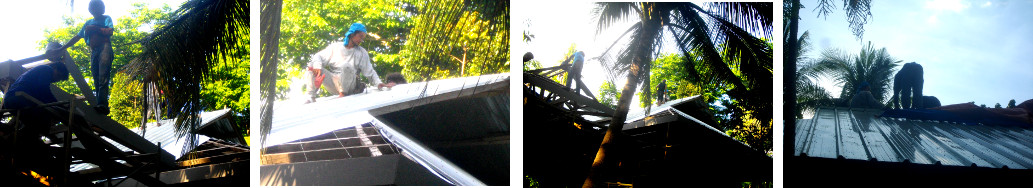 Images of men working on tropical house roof