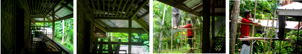 Images of men working on tropical
        house roof