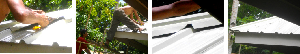 Images of men working on tropical house roof