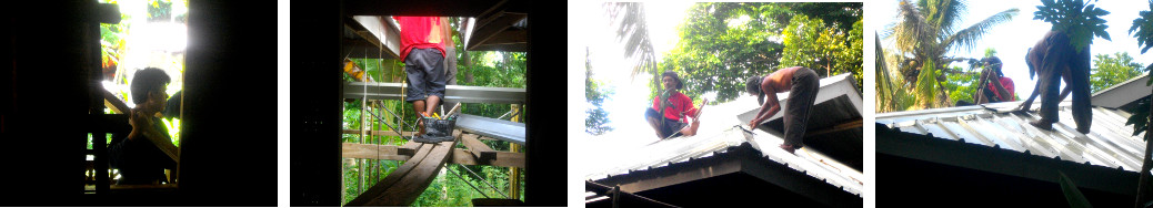 Images of men working on tropical house roof