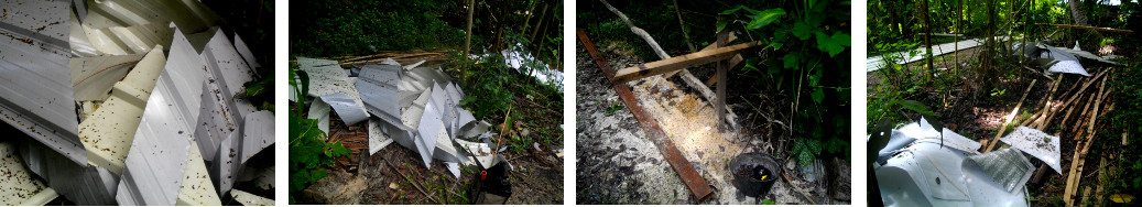 Images of garbage left in garden while replacing
        tropical house roof