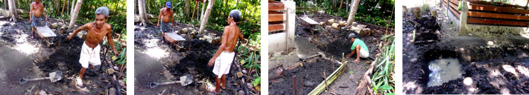 Images of digging a rain garden in a tropical backyard