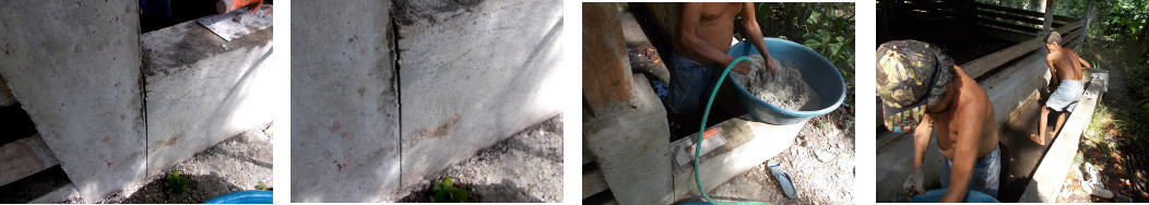 Images of repairing a crack in a
        reservoir for watering a tropical backyard pig