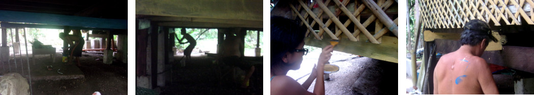 Images of people painting under a tropical wooden house
        to help protect it from termites