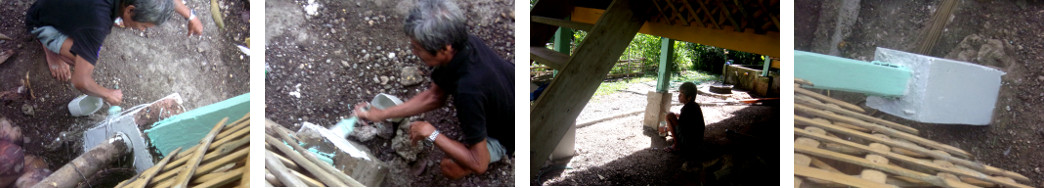 Images of man painting tropical wooden
        house to protect it against termites