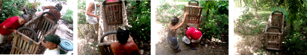 Images of an empty crate being moved
        in tropical backyarda