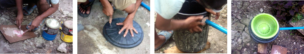 Images of making a grease trap for recycling kitchen
        water in tropical backyard