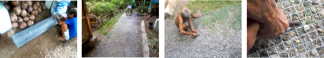 Images of man cutting wire mesh to
        make a fence