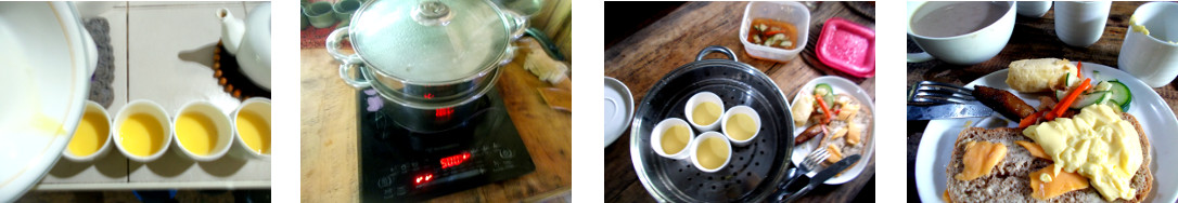 Images of breakfast in tropical home with steamed egg
        custard