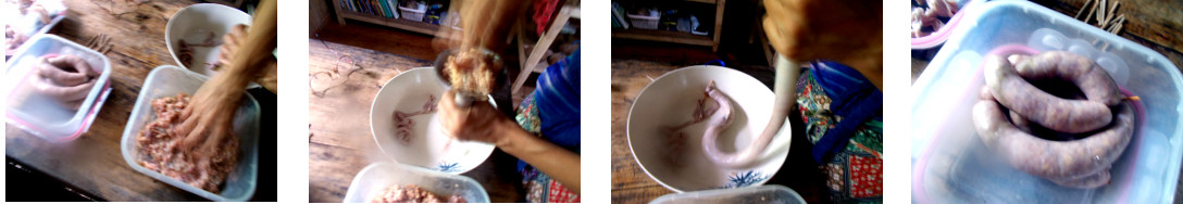 Images of woman making sausages in tropical home