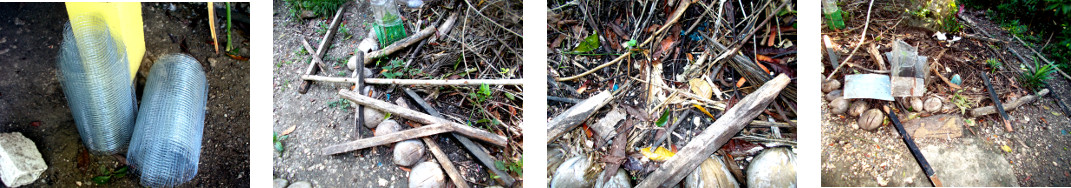 Images of preparations for building a
        protective fence around a tropical backyard garden patch