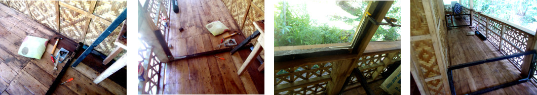 Images of construction of temporary
        piglet pen on tropical house balcony