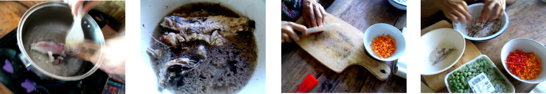 Images of a stuffed fish being prepared in a tropical
        home