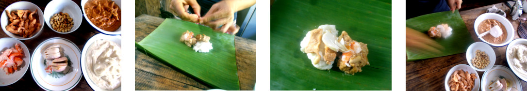 Images of home made tamales being wrapped in banana
        leaves