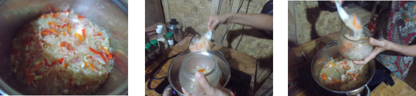 Images of pickled unripe papaya being put in a pot
            in tropical kitchen