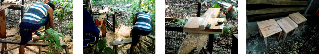 Images of man making furniture in
        tropical backyard