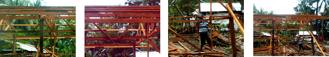 Images of tropical wooden house being
        built