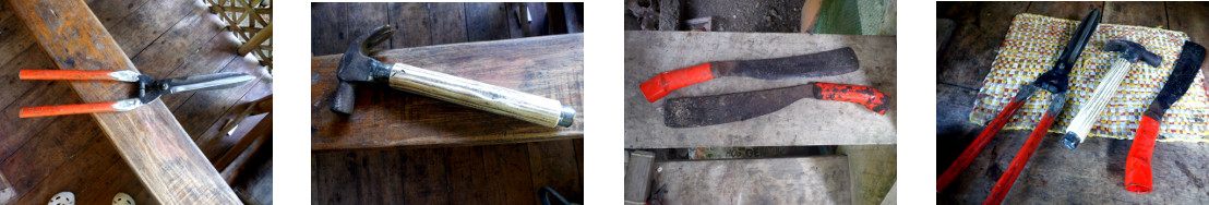 Images of newly repaired tools in tropical backyard